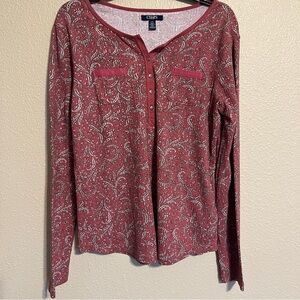 Chaps Women’s L Burgundy & White Paisley Long Sleeve Henley Top